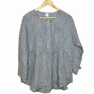 Lintico Gingham Check Lyocell Linen Top Blue Womens L Coastal Beachy Fisherman